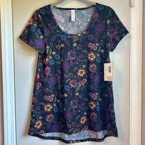 NEW LuLaRoe Floral Black Classic A-Line Tee With Blue Red & Purple Flowers Sz XS